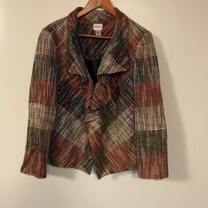 Chico's‎ Multicolor Metallic Tweed Ruffle Jacket Size 1 Lined Open Front